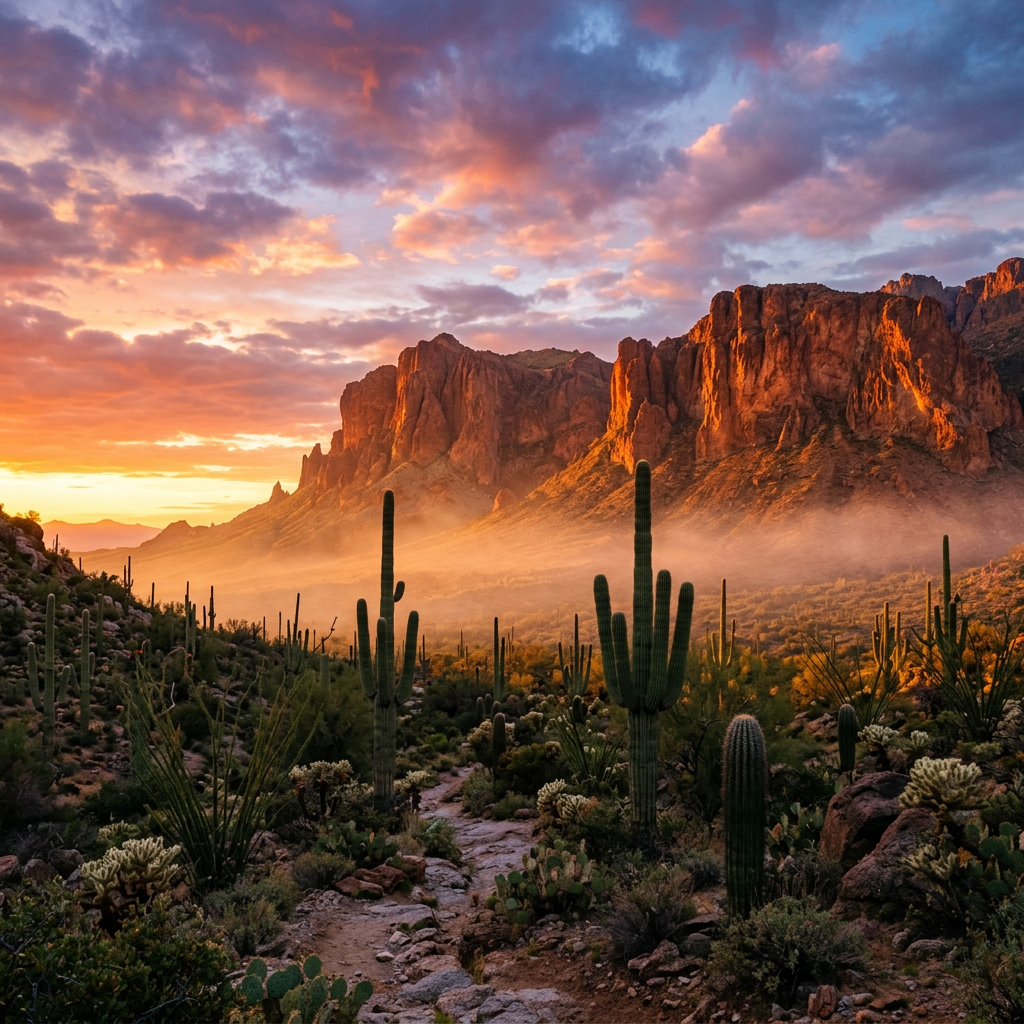 Desert landscape with tall cacti and rocky mountains at sunset with colorful clouds